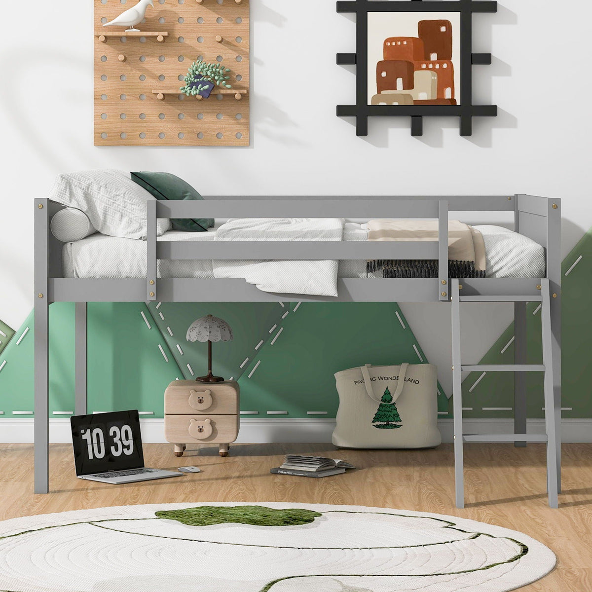 Low Loft Bed With Adjustable Ladder gray metal frame with underbed storage HouseOfZazla on Tampa Home & Garden Store