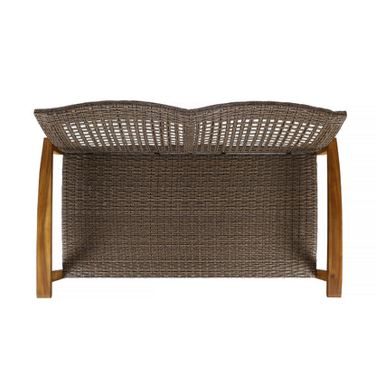 Hampton Outdoor Acacia Wood Wicker Loveseat, brown wicker with natural wood legs on Tampa Home & Garden Store