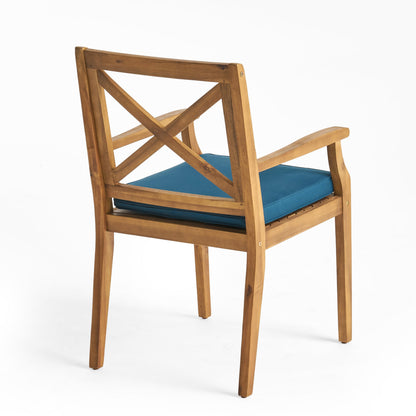 Perla Dining Chair with blue cushion, wooden outdoor chair featuring an X-back design on Tampa Home & Garden Store