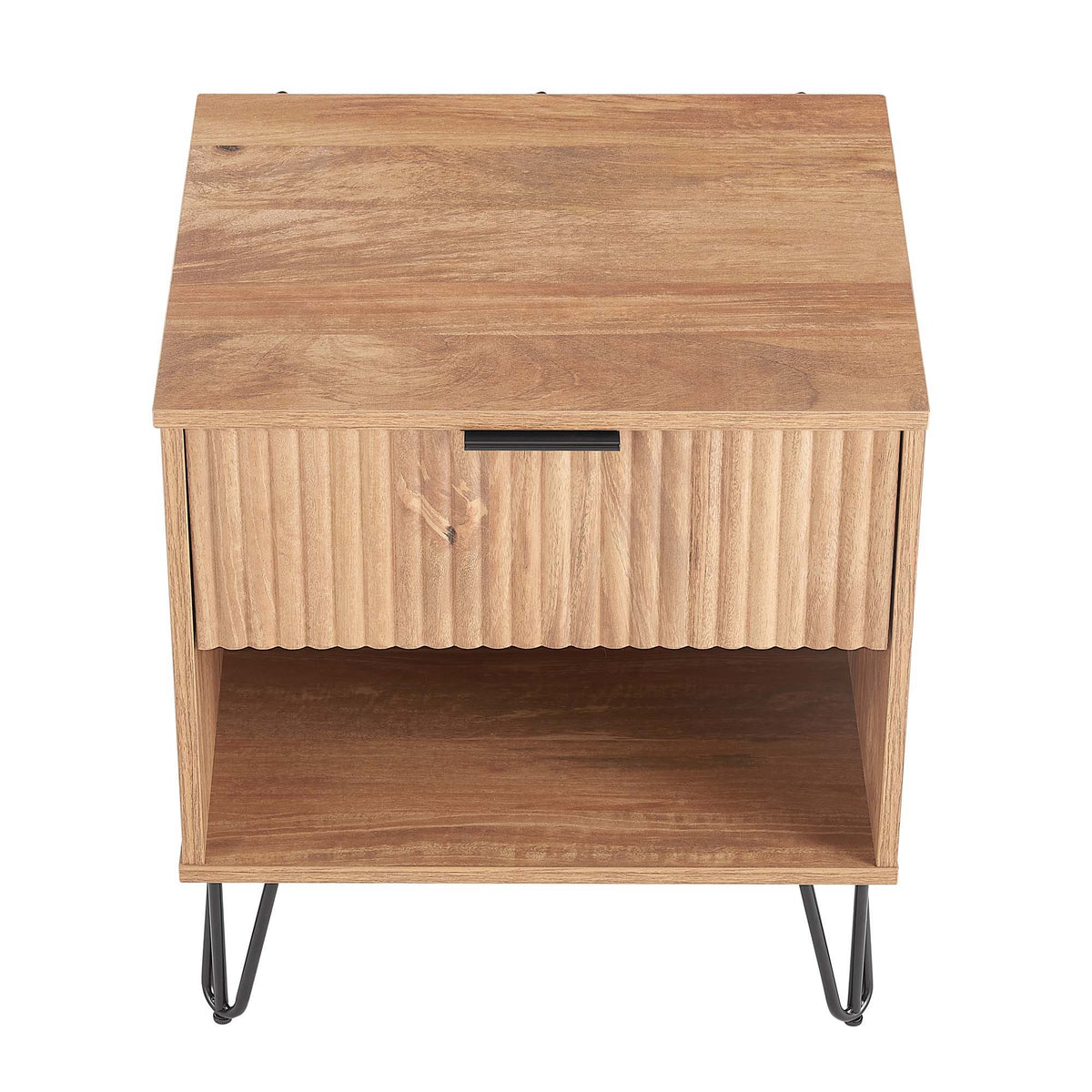 HouseOfZazla Modern Nightstand with Fluted Drawer, natural wood finish, black metal legs on Tampa Home & Garden Store