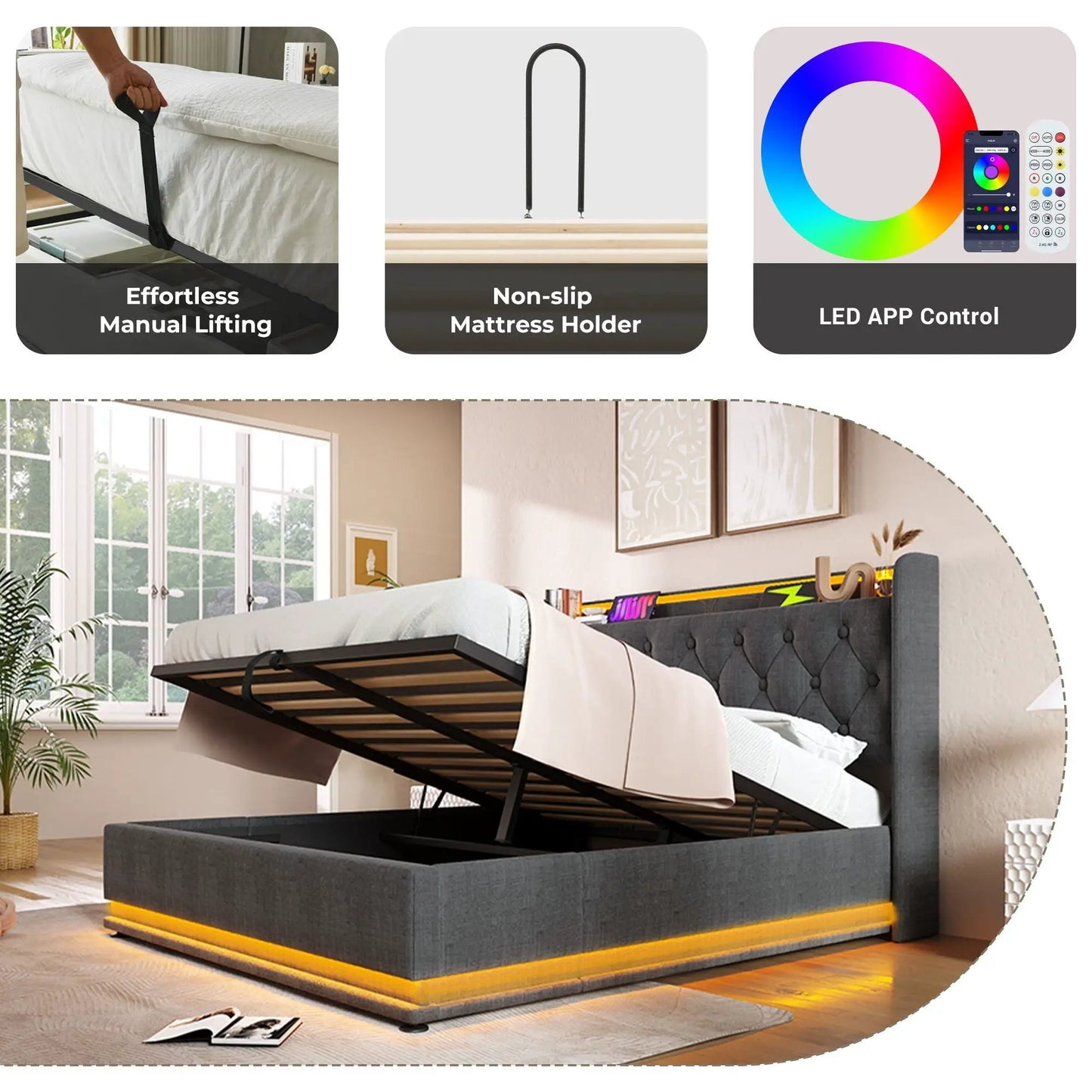 Storage bed with hydraulic lift in dark gray fabric, open under-bed storage frame on Tampa Home & Garden Store