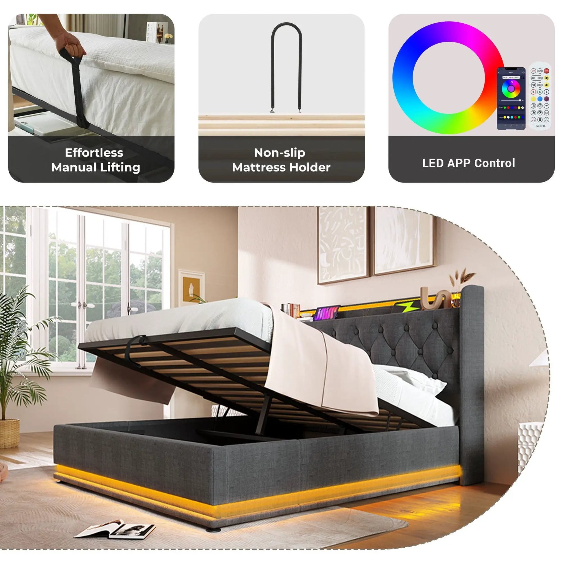 Storage bed with hydraulic lift in dark gray fabric, open under-bed storage frame on Tampa Home & Garden Store
