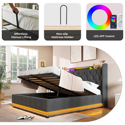 Storage bed with hydraulic lift in dark gray fabric, open under-bed storage frame on Tampa Home & Garden Store