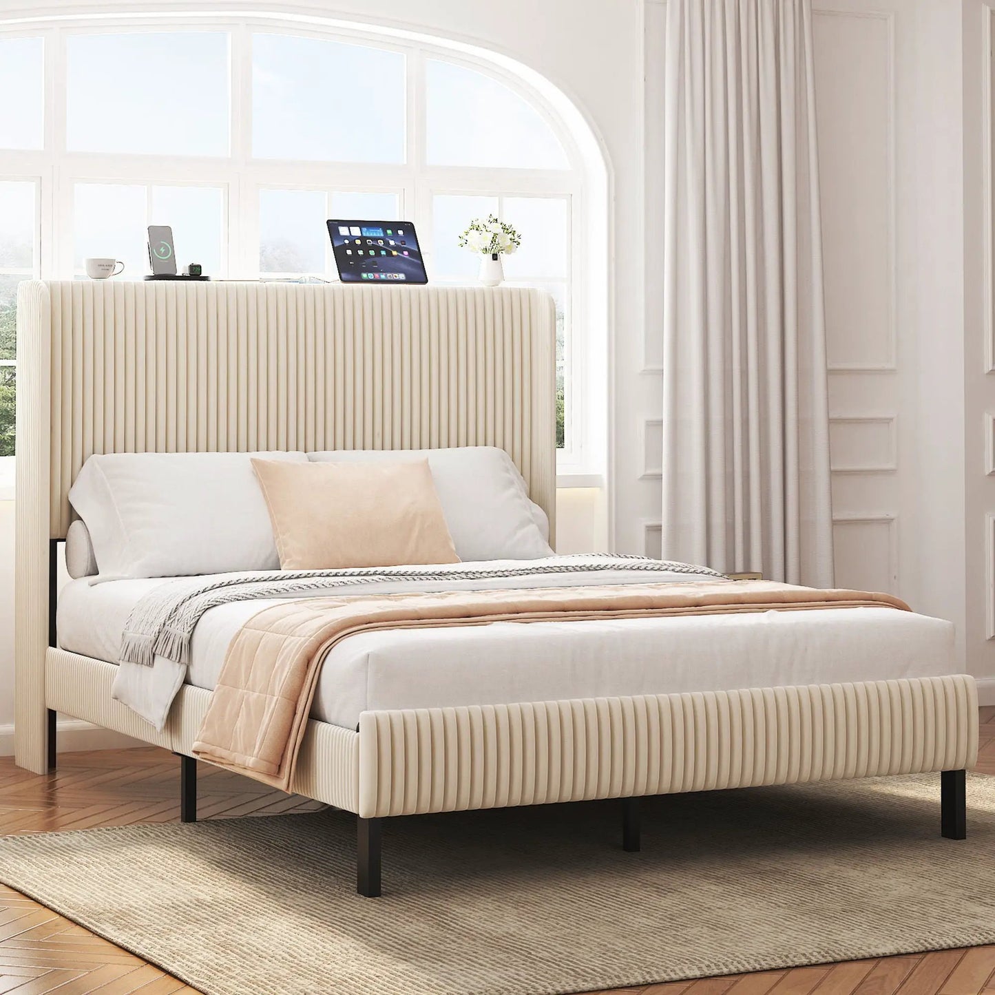 Platform bed with ribbed headboard, metal frame and charging station Unique Piece Furniture on Tampa Home & Garden Store