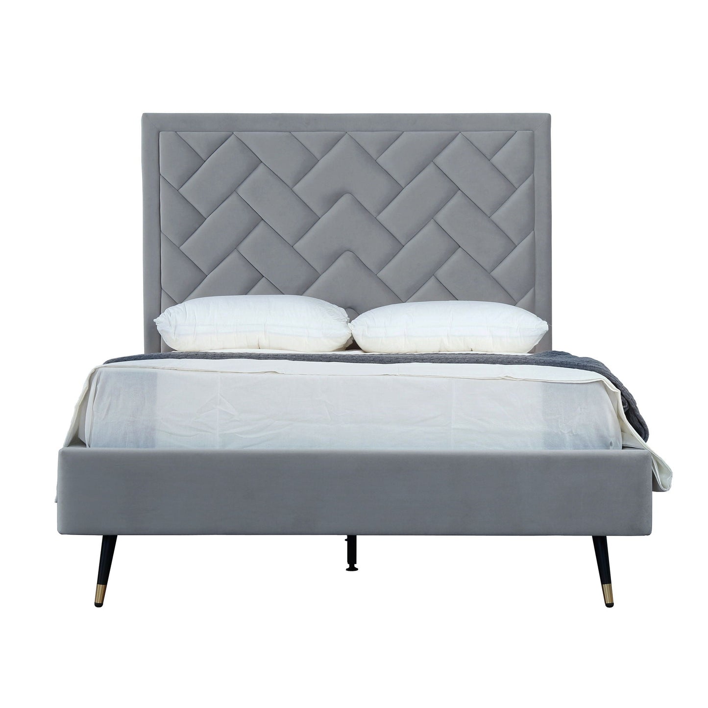 Crosby bed with gray upholstered diamond-tufted headboard and slats by HouseOfZazla on Tampa Home & Garden Store