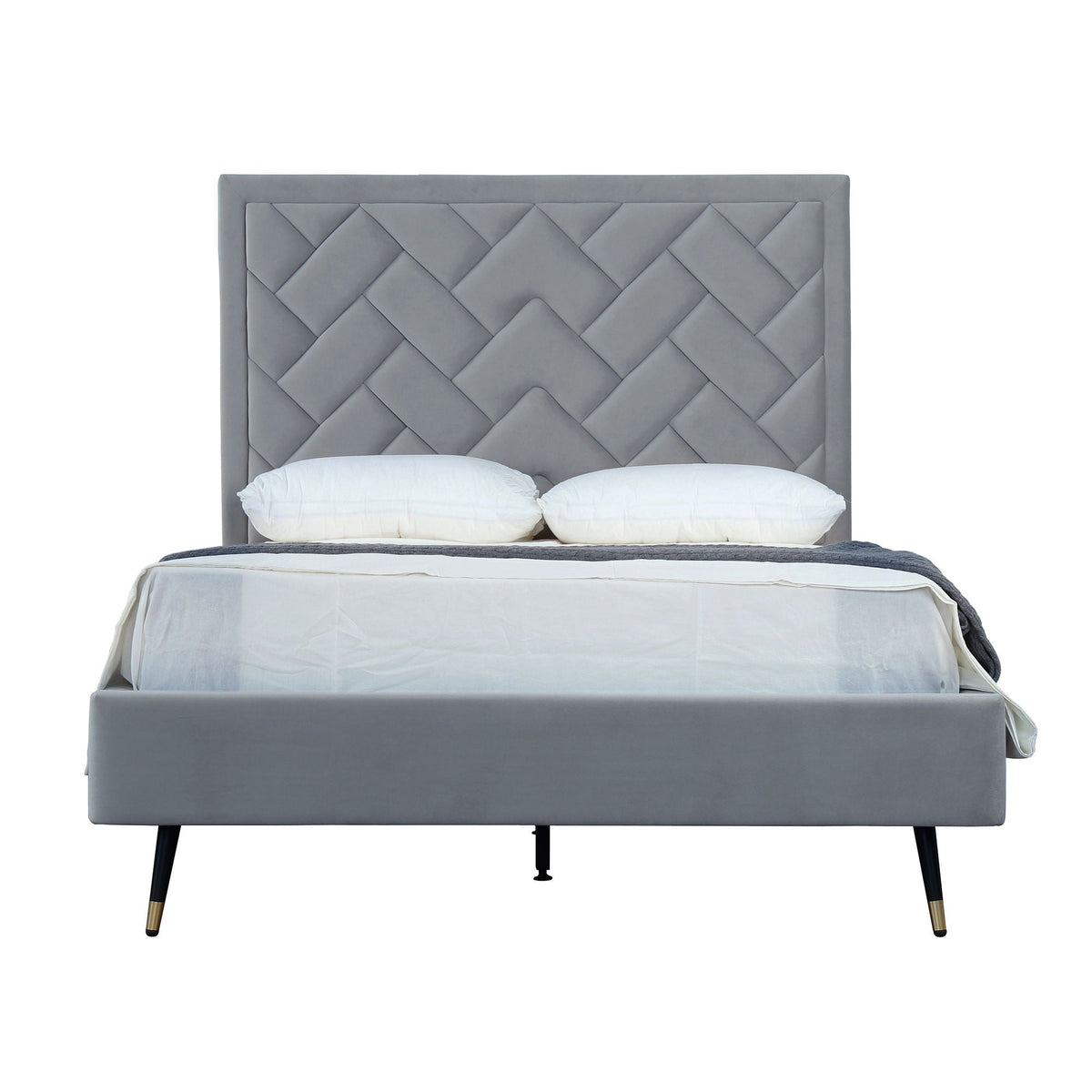 Crosby bed with gray upholstered diamond-tufted headboard and slats by HouseOfZazla on Tampa Home & Garden Store