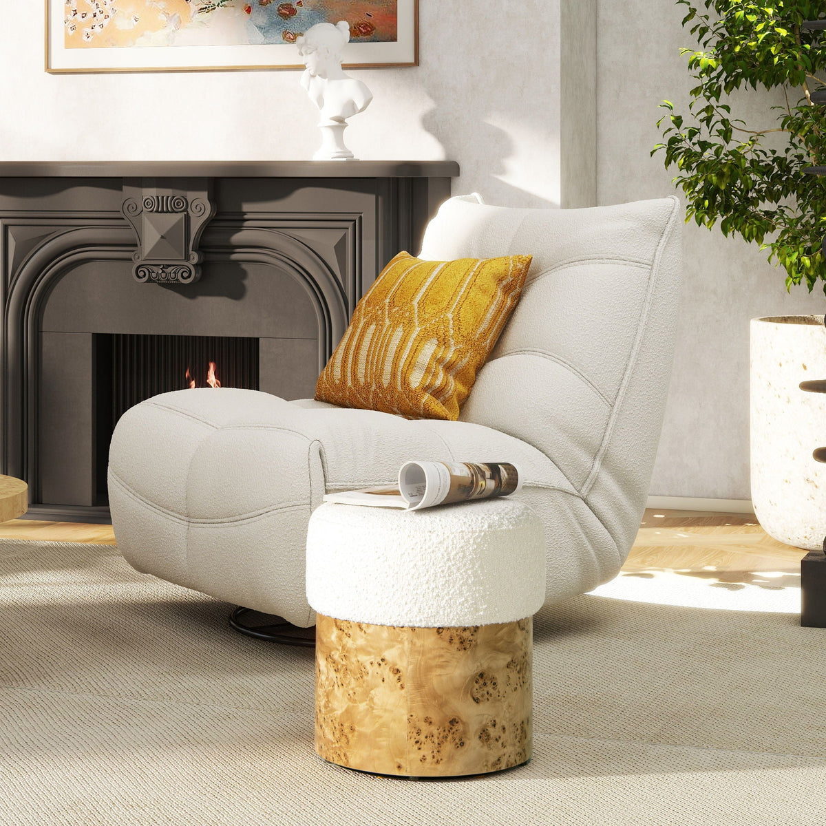 Round white boucle upholstered ottoman by HouseOfZazla, compact, cozy texture on Tampa Home & Garden Store