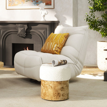 Round white boucle upholstered ottoman by HouseOfZazla, compact, cozy texture on Tampa Home & Garden Store