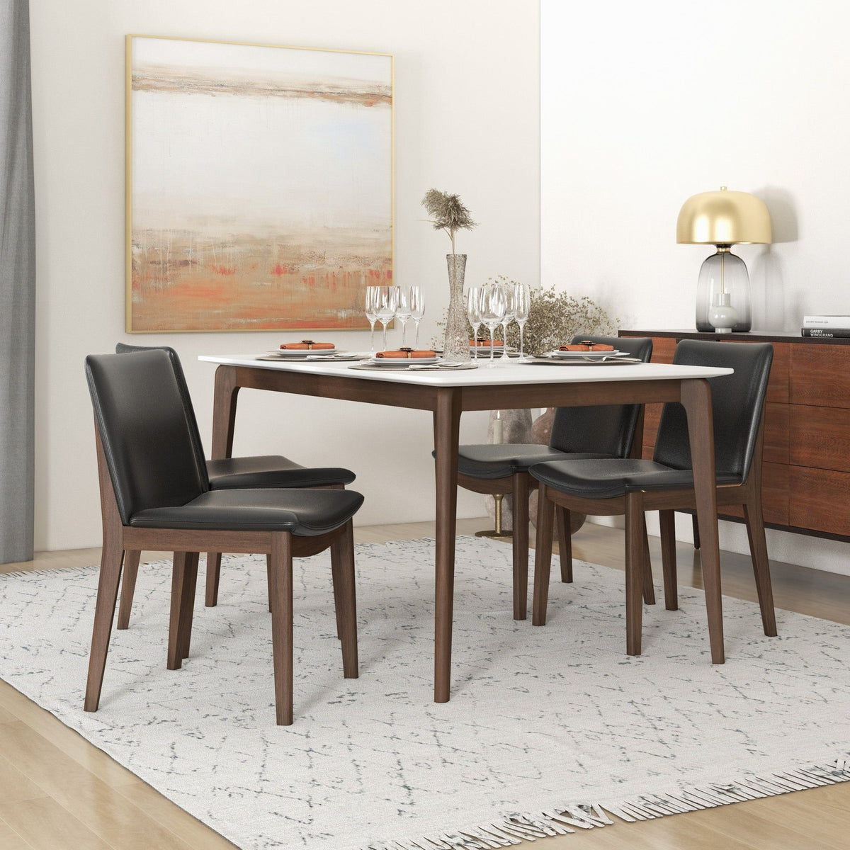 Mid-Century modern solid wood dining chair set with black upholstery and wood legs, six chairs on Tampa Home & Garden Store