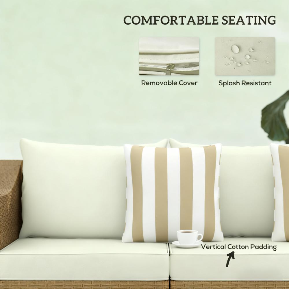 Rattan wicker patio couch with cream cushions and two beige striped throw pillows HouseOfZazla on Tampa Home & Garden Store
