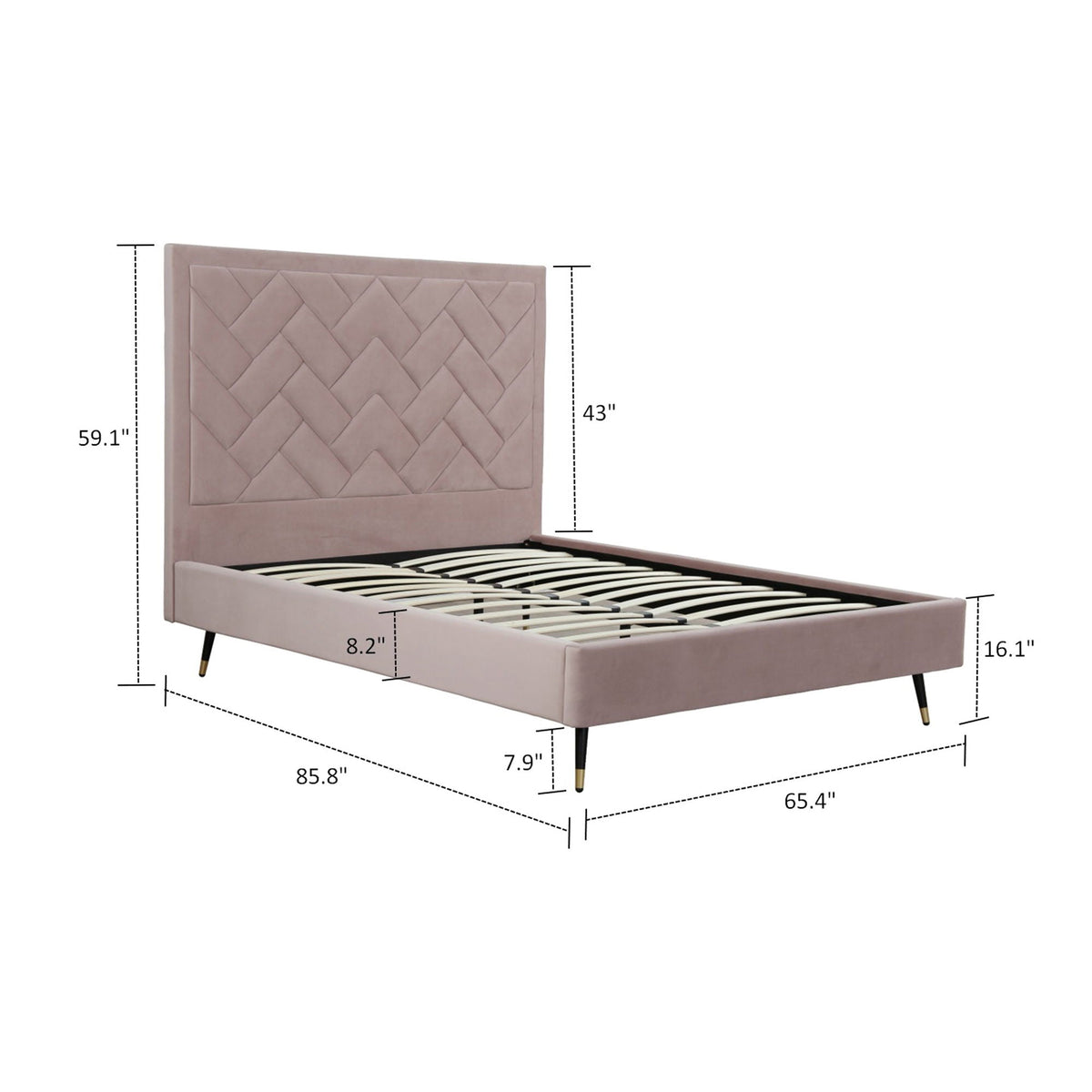 Crosby bed with blush pink upholstered tufted headboard and slatted base on Tampa Home & Garden Store