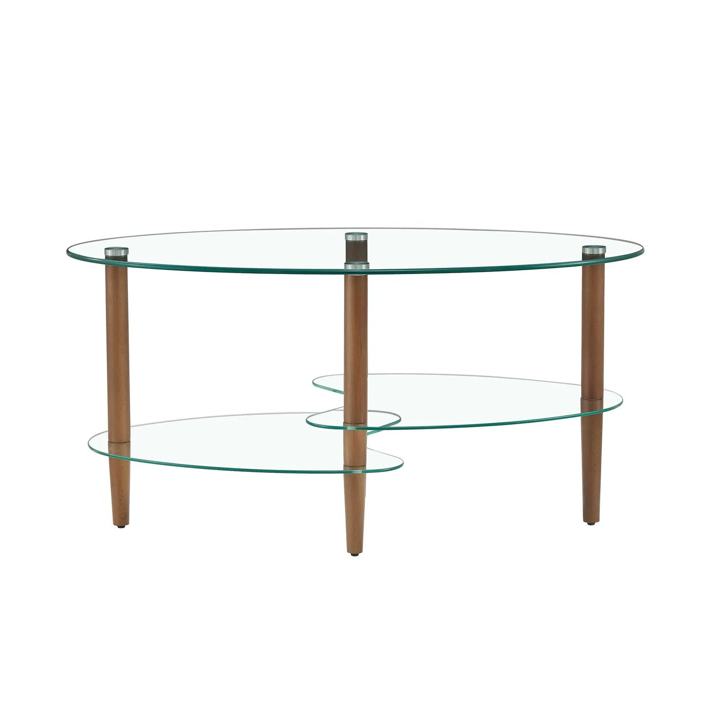 Oval glass coffee table with three-tier design and oak wood legs on Tampa Home & Garden Store