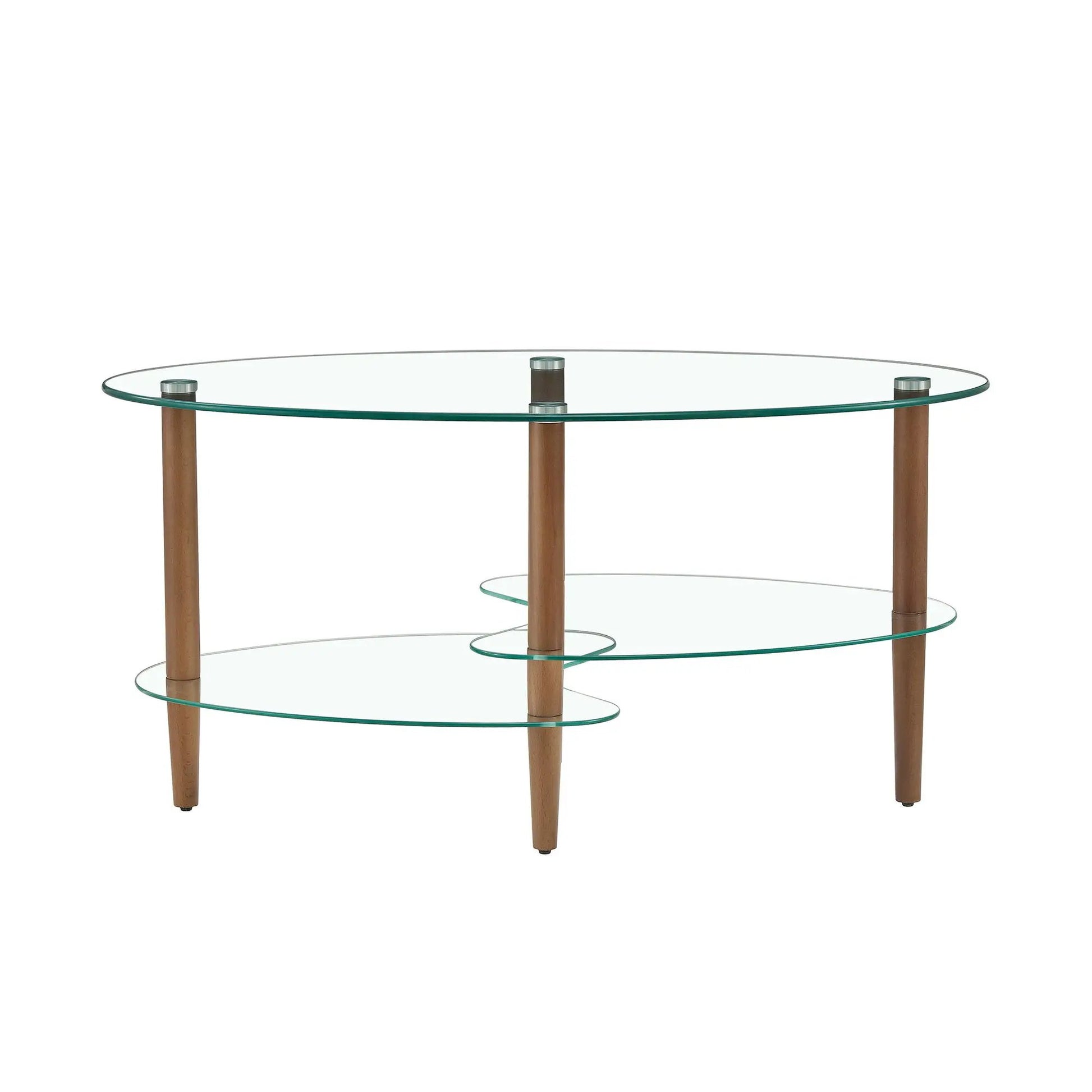 Oval glass coffee table with three-tier design and oak wood legs on Tampa Home & Garden Store