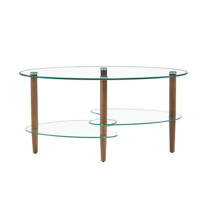 Oval glass coffee table with three-tier design and oak wood legs on Tampa Home & Garden Store