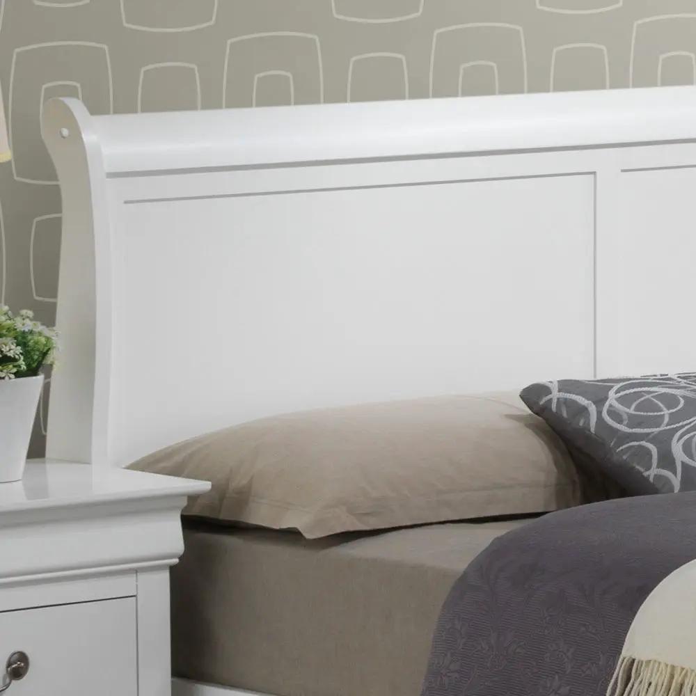 Upholstered panel sleigh bed design, white finish with paneled headboard on Tampa Home & Garden Store