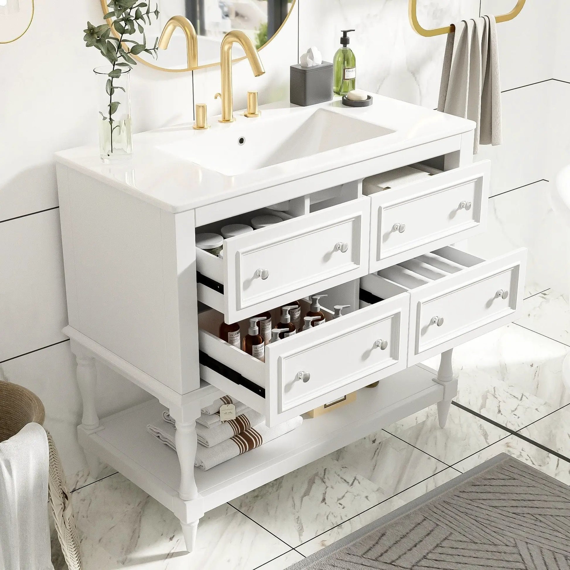 White bathroom vanity with undermount sink and four drawers, Unique Piece Furniture on Tampa Home & Garden Store