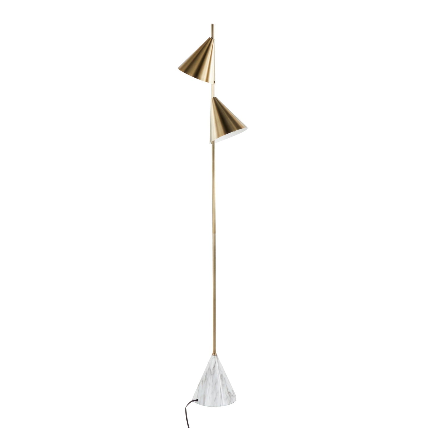 Cone contemporary floor lamp by HouseOfZazla with twin gold cone shades on a slim stem on Tampa Home & Garden Store