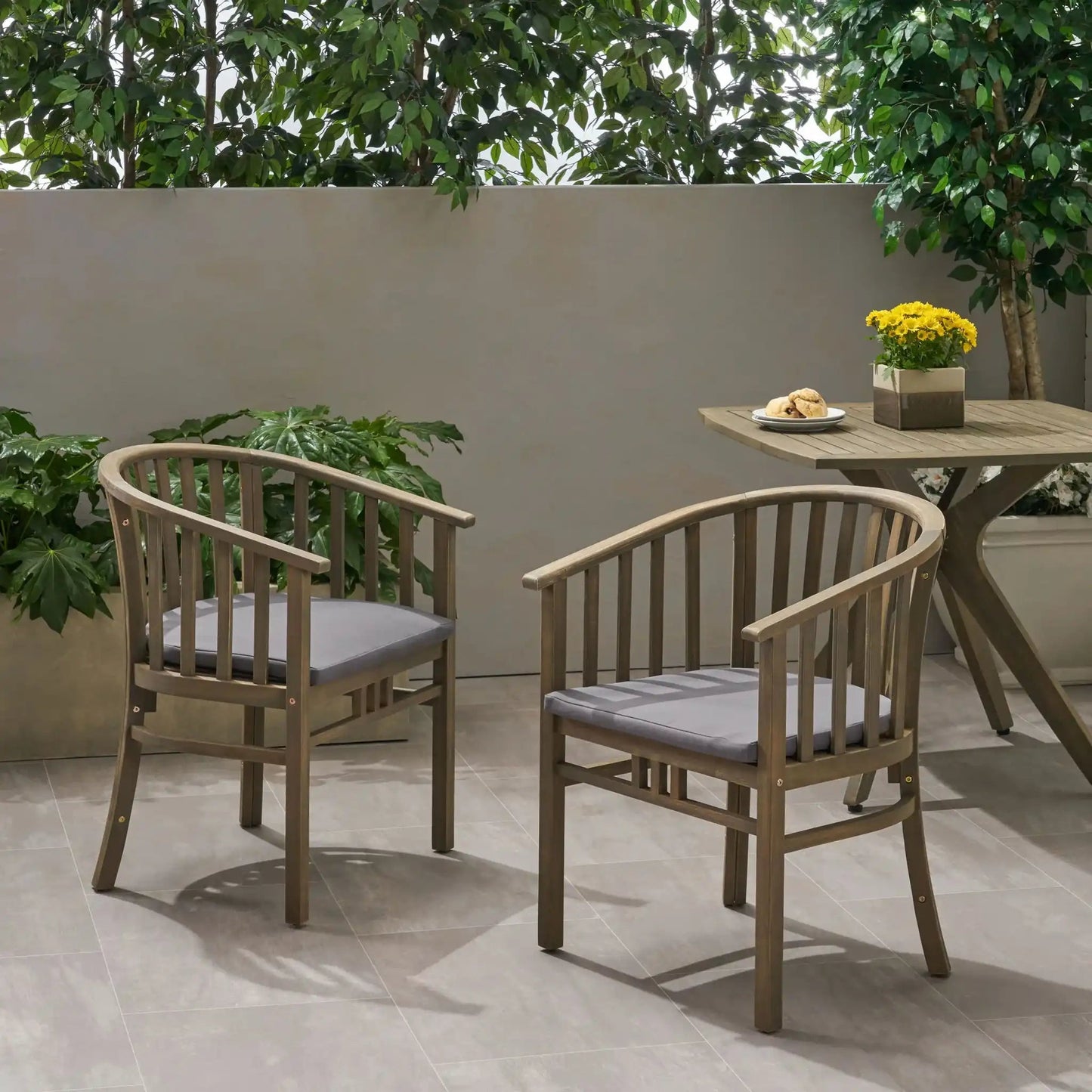 Outdoor Wooden Dining Chairs with Cushions set of 2 in wood and grey cushions by HouseOfZazla on Tampa Home & Garden Store