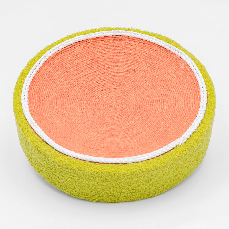 Cat scratch board round corrugated cardboard bed in yellow with coral center rope trim on Tampa Home & Garden Store