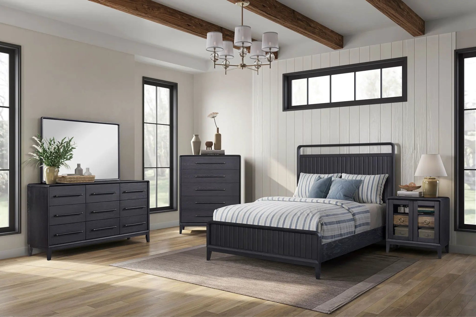 Design Open Panel Bed in dark charcoal with vertical slat headboard; two dark dressers on Tampa Home & Garden Store