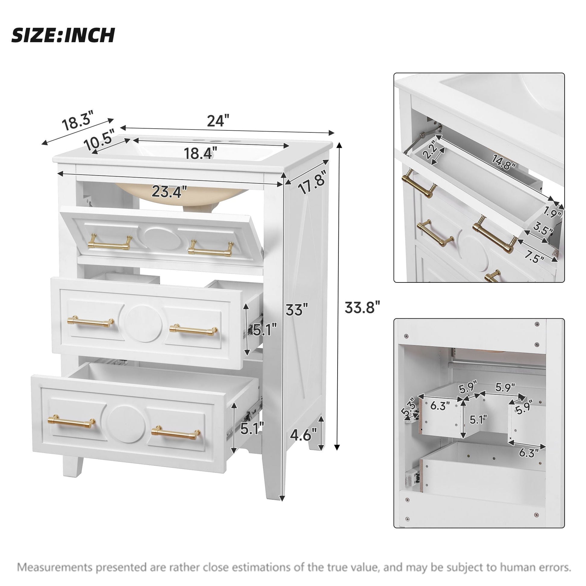 Bathroom vanity with sink 3-drawer cabinet by HouseOfZazla, white with gold pulls, 24in wide on Tampa Home & Garden Store