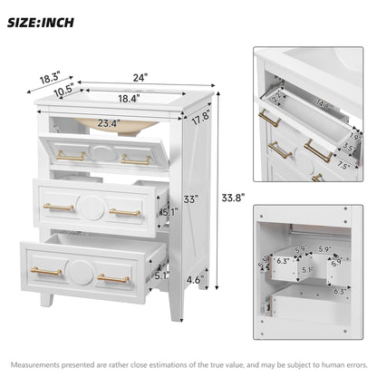 Bathroom vanity with sink 3-drawer cabinet by HouseOfZazla, white with gold pulls, 24in wide on Tampa Home & Garden Store