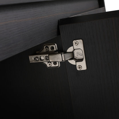 Freestanding bathroom vanity close-up in dark espresso wood with metal hinge hardware on Tampa Home & Garden Store