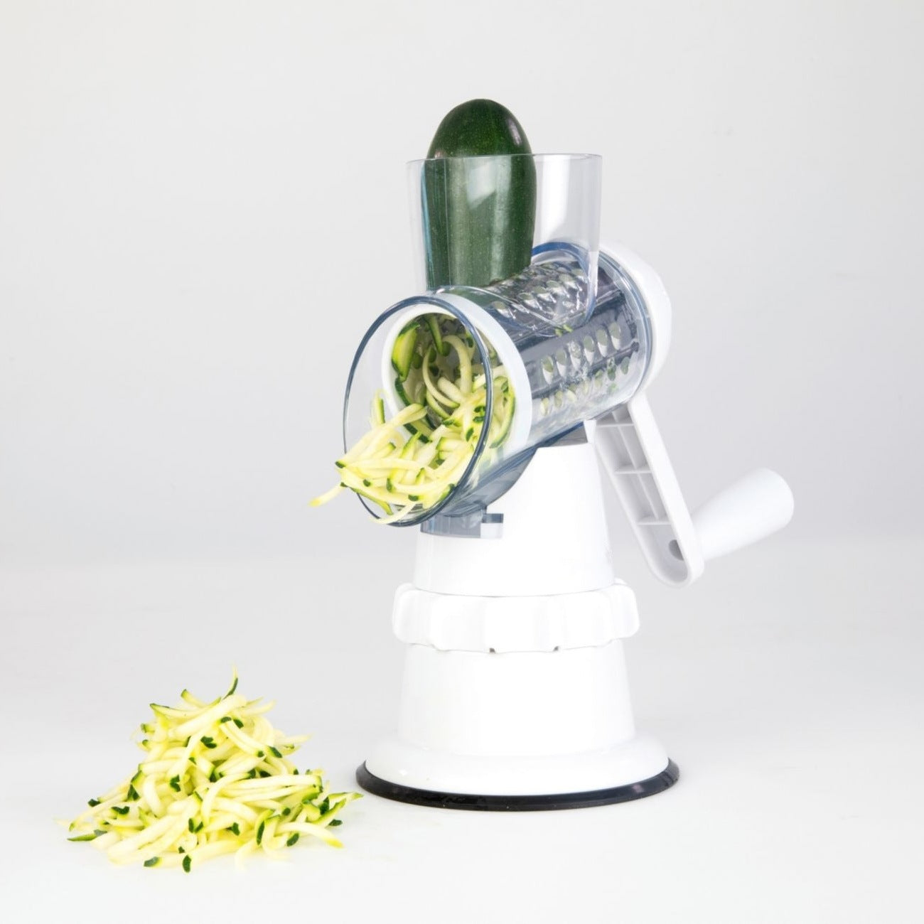 3-in-1 vegetable slicer Perfecsy manual kitchen gadget with white body clear drum zucchini shreds on Tampa Home & Garden Store