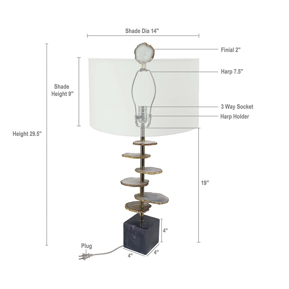 Smoke agate-slice table lamp with marble base by HouseOfZazla, agate discs on brass stem on Tampa Home & Garden Store