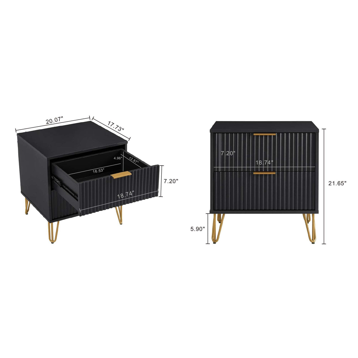 Dumbo Nightstand with 2 drawers and fluted fronts in black finish with gold legs by HouseOfZazla on Tampa Home & Garden Store