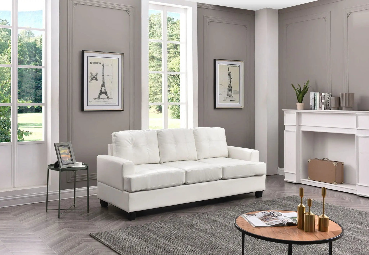 Sandridge Sofa, white upholstered stationary sofa by Unique Piece Furniture in a living room on Tampa Home & Garden Store