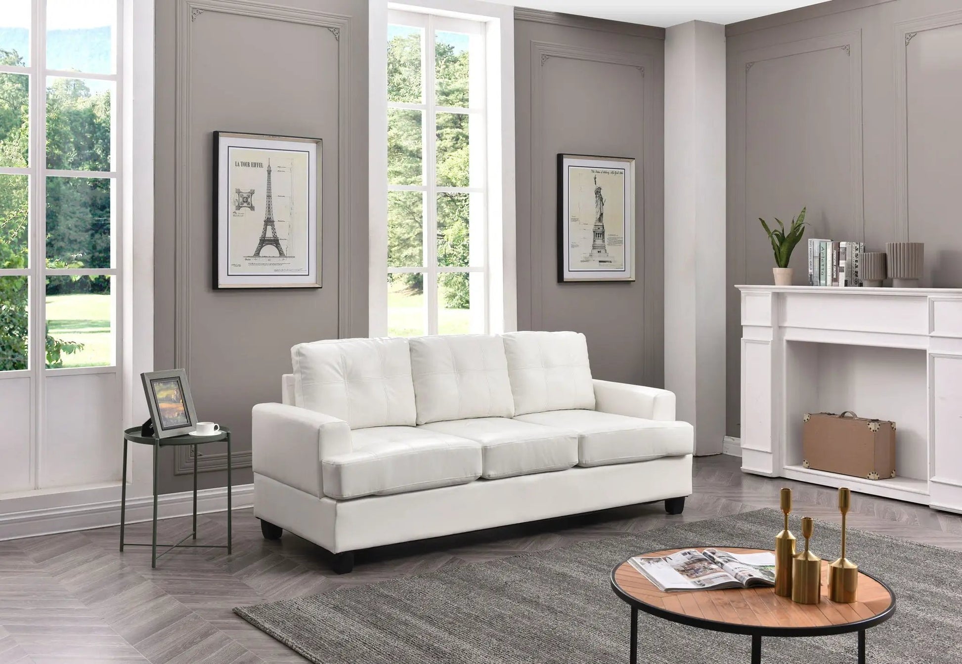 Sandridge Sofa, white upholstered stationary sofa by Unique Piece Furniture in a living room on Tampa Home & Garden Store