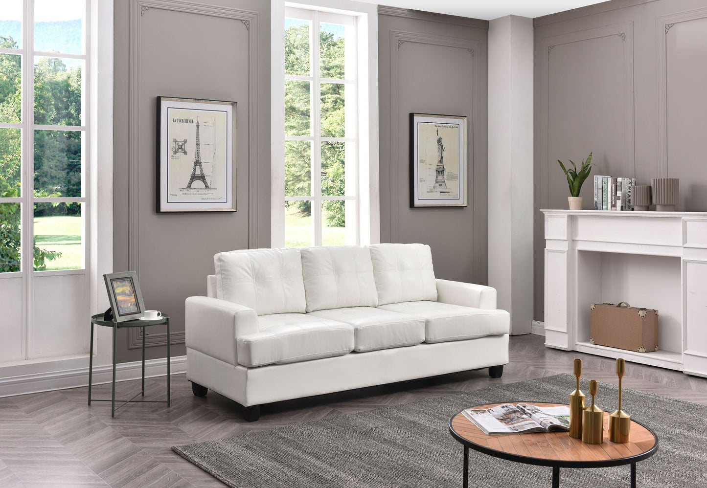 Sandridge Sofa Micro Suede With Removable Backs white stationary sofa in gray living room on Tampa Home & Garden Store