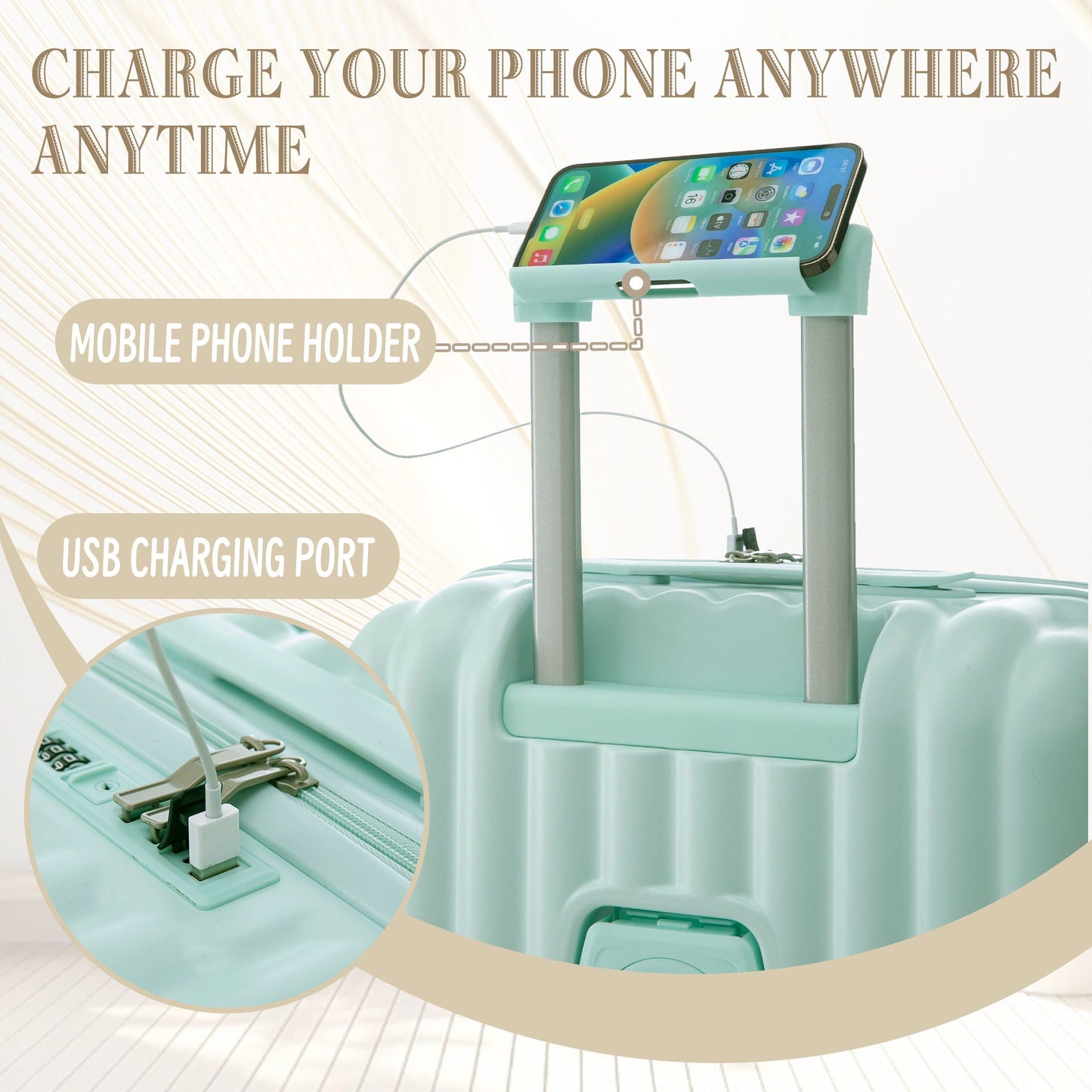 Mobile phone holder on mint luggage cart with USB charging port and cup holder on Tampa Home & Garden Store