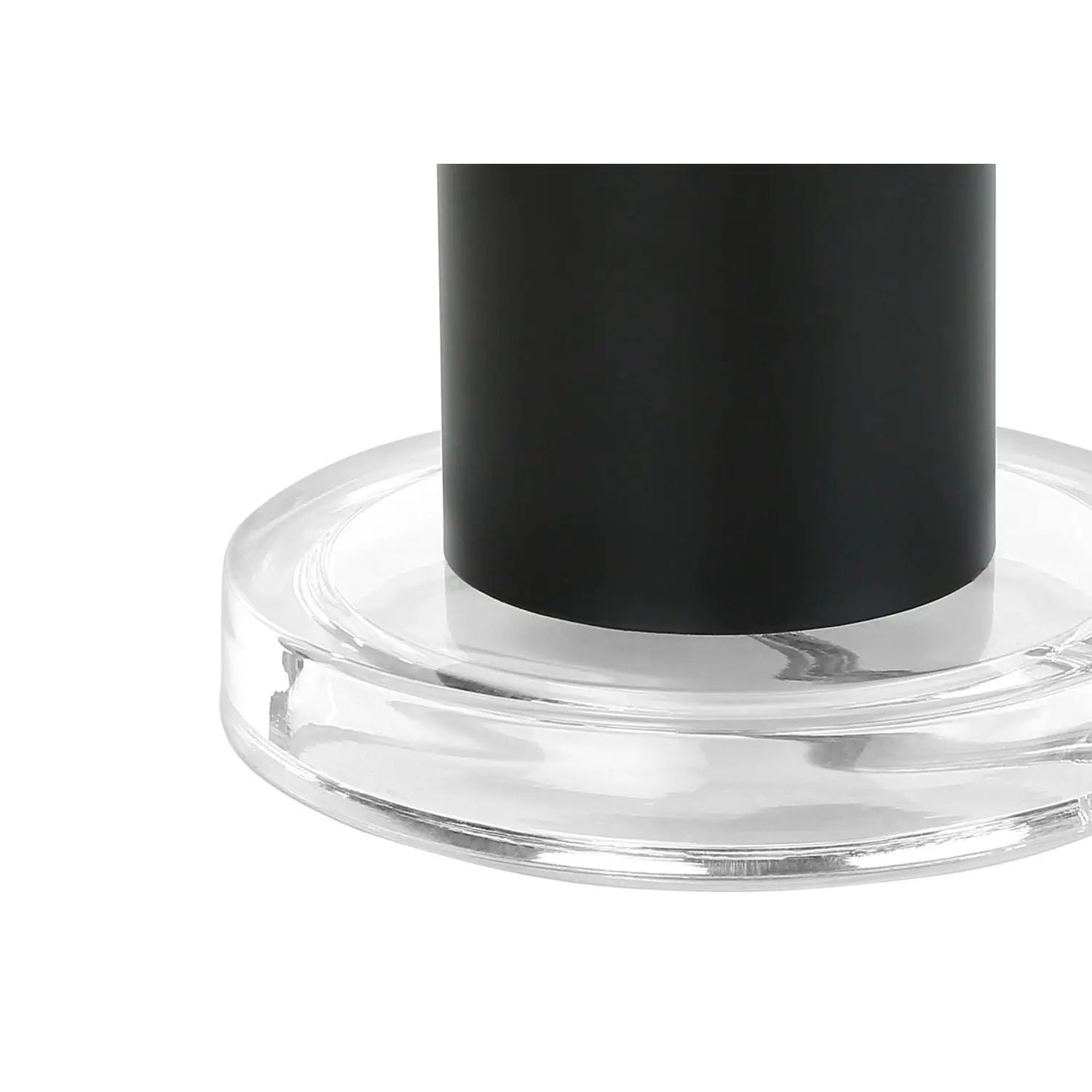 Table lamp with a matte black cylindrical stem atop a clear glass base in contemporary style on Tampa Home & Garden Store