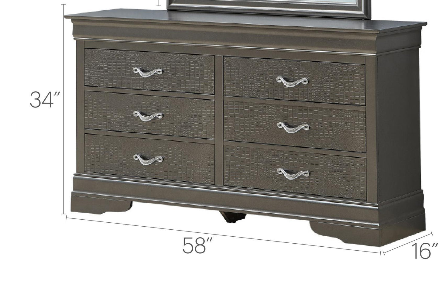 HouseOfZazla metallic black dresser featuring textured drawer fronts and silver pulls, 6 drawers on Tampa Home & Garden Store
