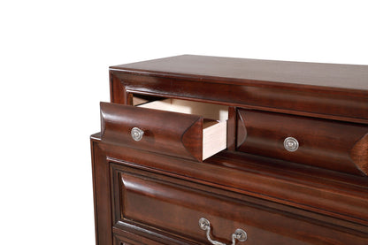 Real wood veneer accent chest with dovetailed drawers in dark brown finish, metal pulls on Tampa Home & Garden Store