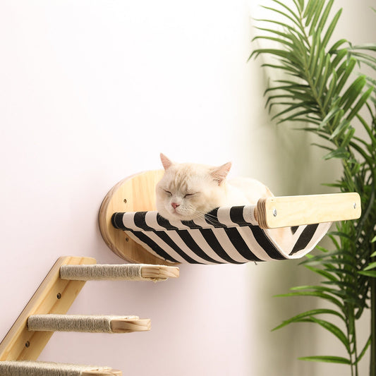 Pine wood cat climbing frame wall hammock with striped fabric and rope steps on Tampa Home & Garden Store