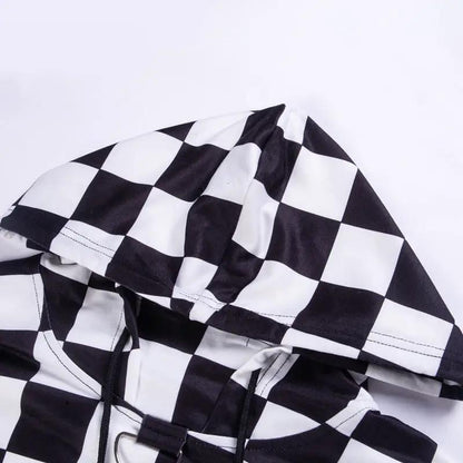 Dark design checkered hooded blouse sweater by FLIPSTYLEZLLC, black white squares on Tampa Home & Garden Store