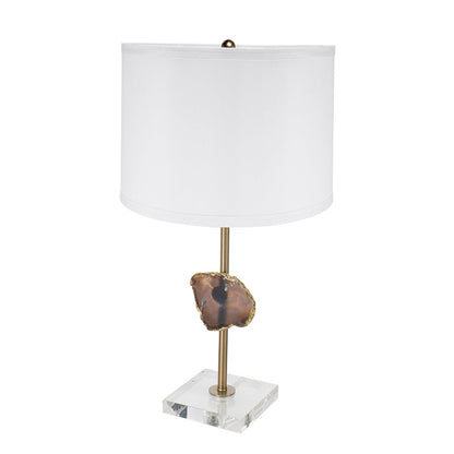 D14x25.2in acrylic table lamp with white drum shade, gold stem, geode accent on clear base on Tampa Home & Garden Store
