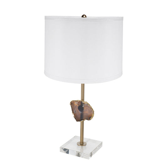 D14x25.2in acrylic table lamp with white drum shade, gold stem, geode accent on clear base on Tampa Home & Garden Store