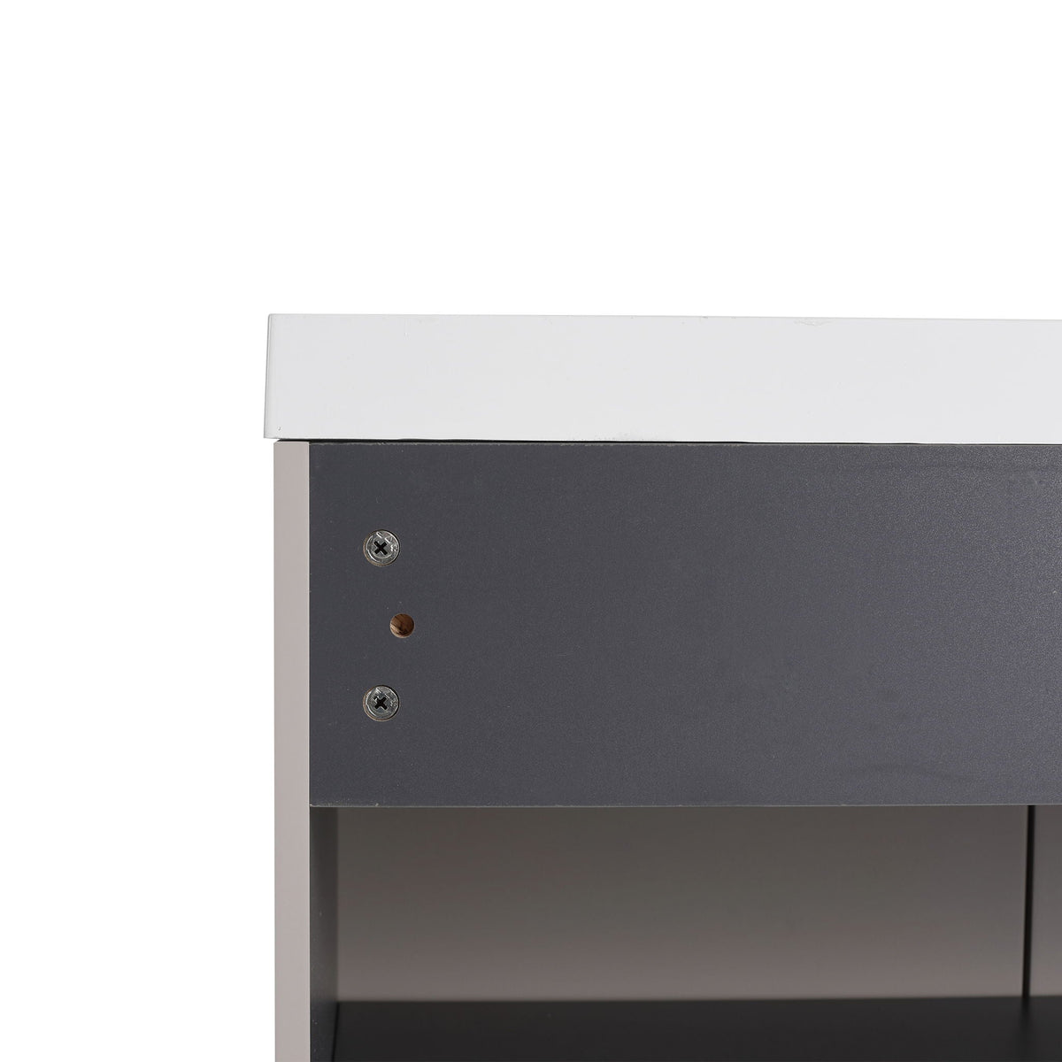 Freestanding bathroom vanity with white top and dark gray cabinet, soft-close, visible screws on Tampa Home & Garden Store