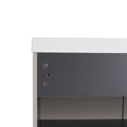 Freestanding bathroom vanity with white top and dark gray cabinet, soft-close, visible screws on Tampa Home & Garden Store