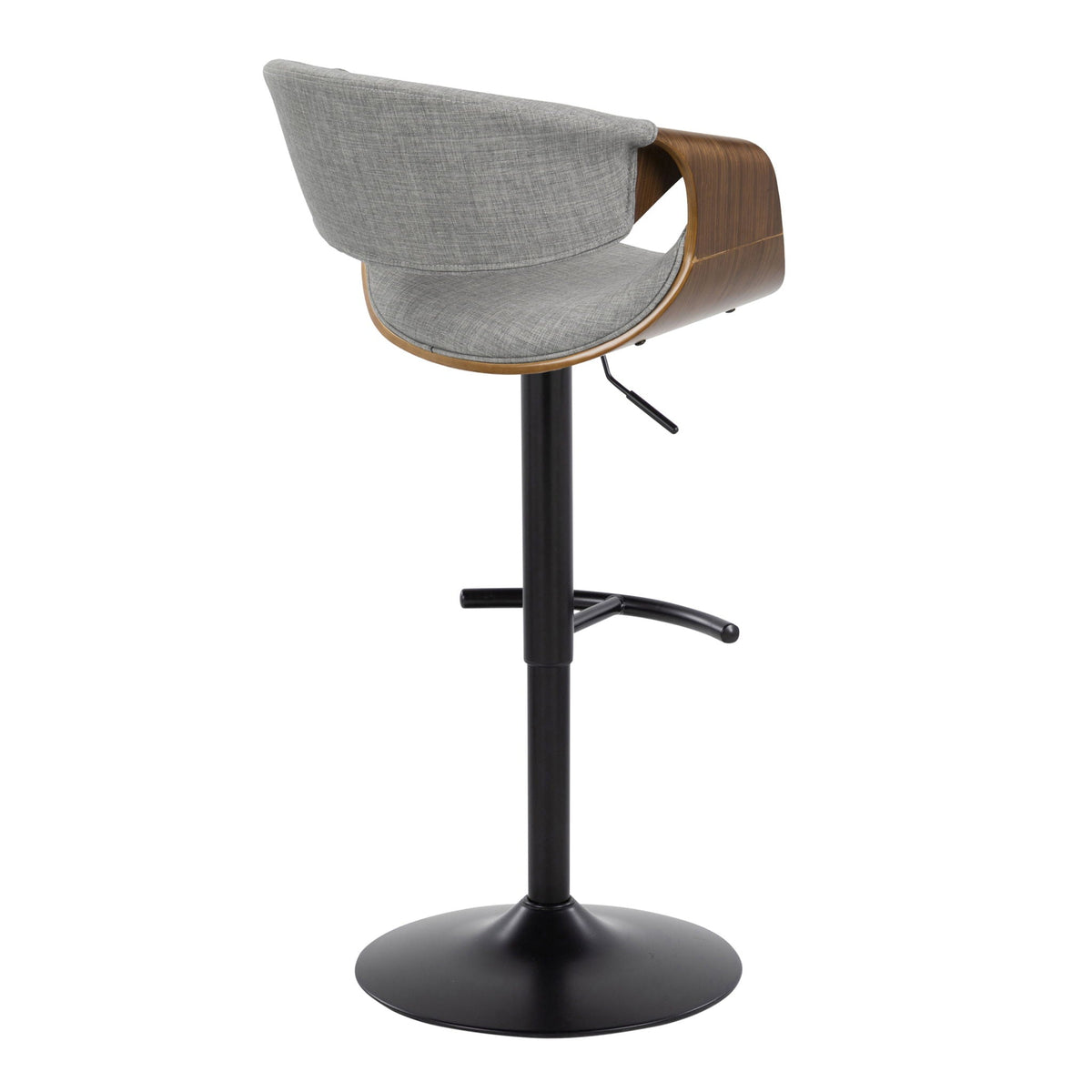 Mid Century Modern adjustable barstool with swivel, grey fabric seat and wood shell on Tampa Home & Garden Store