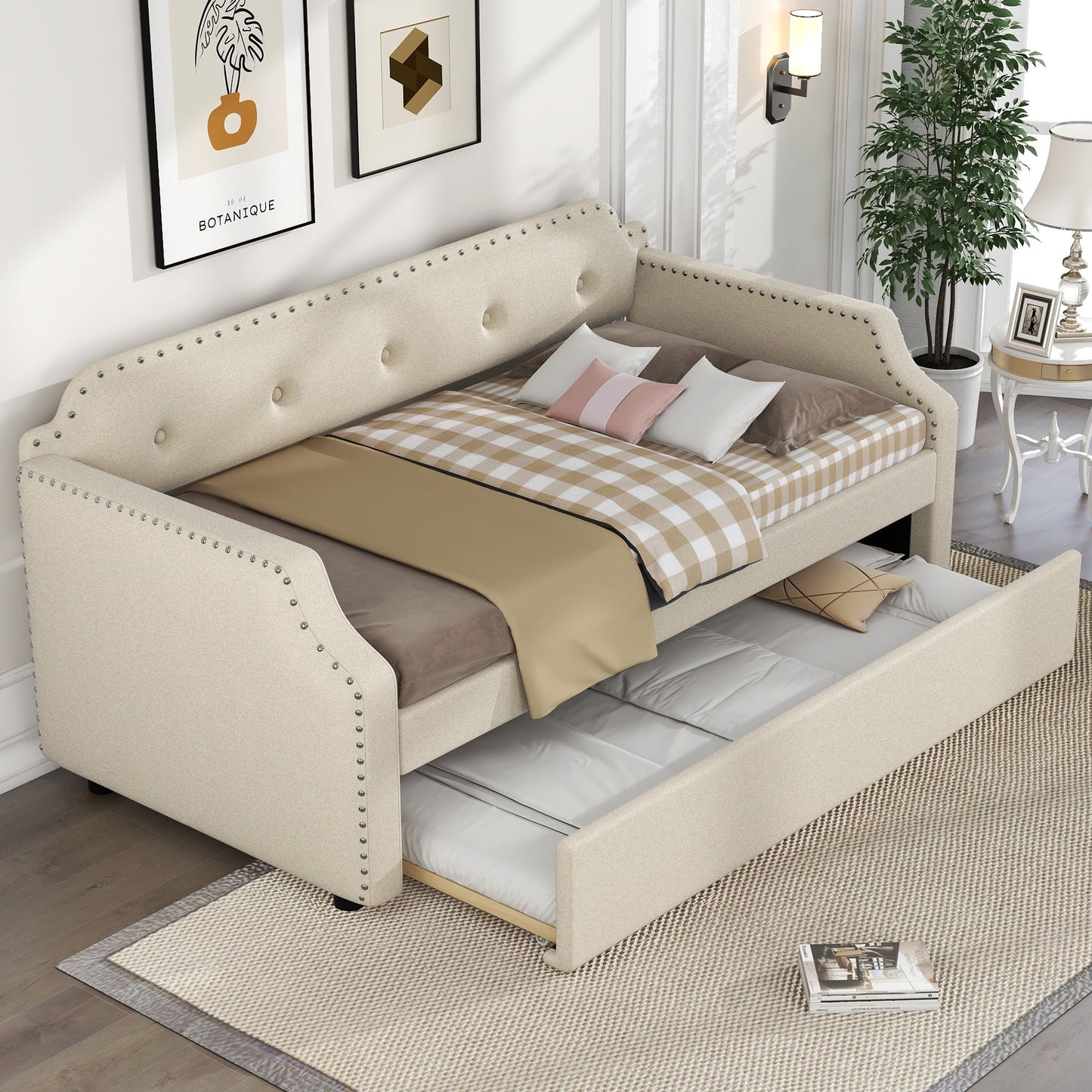 Upholstered Daybed with Trundle by HouseOfZazla in beige fabric with nailhead trim on Tampa Home & Garden Store