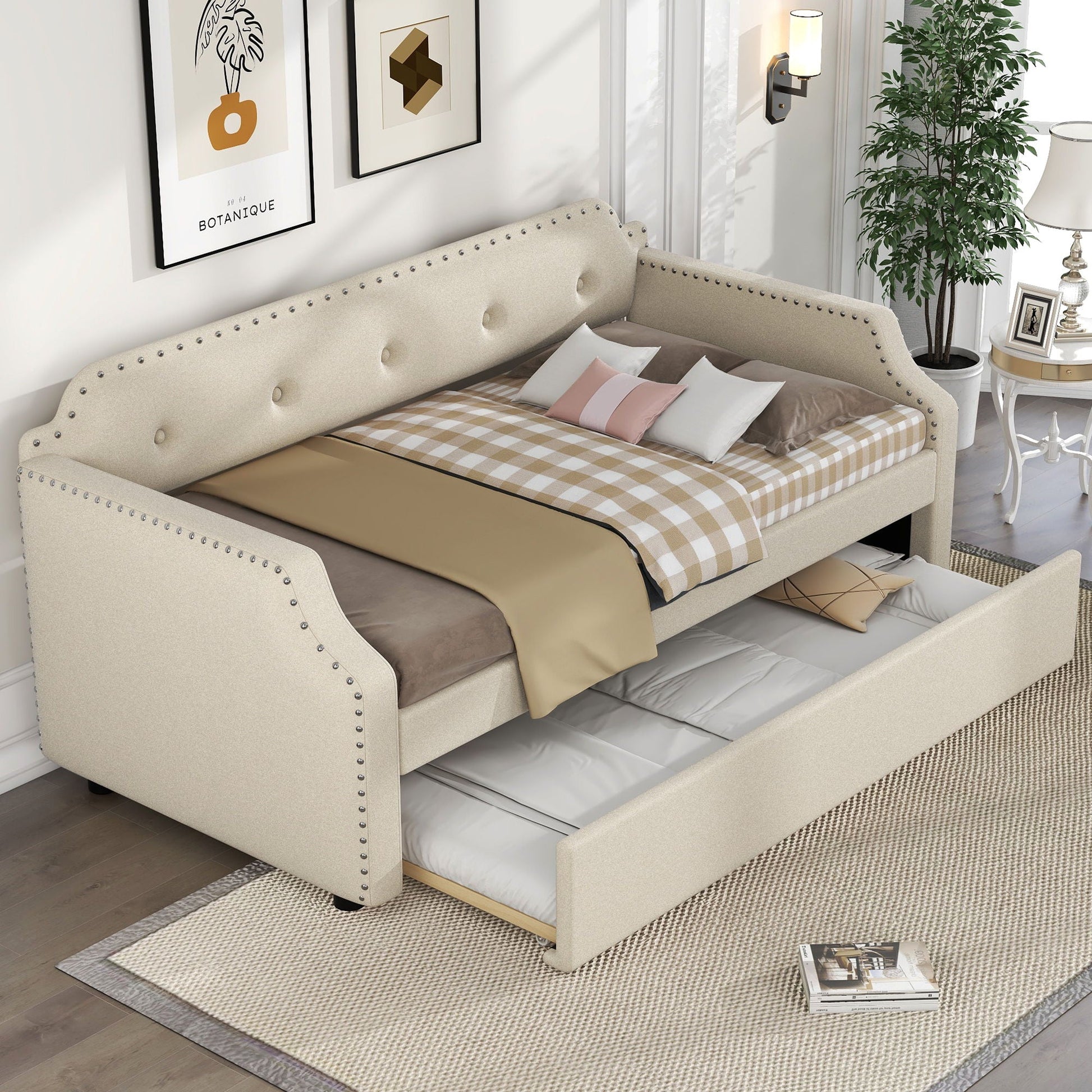 Upholstered Daybed with Trundle by HouseOfZazla in beige fabric with nailhead trim on Tampa Home & Garden Store