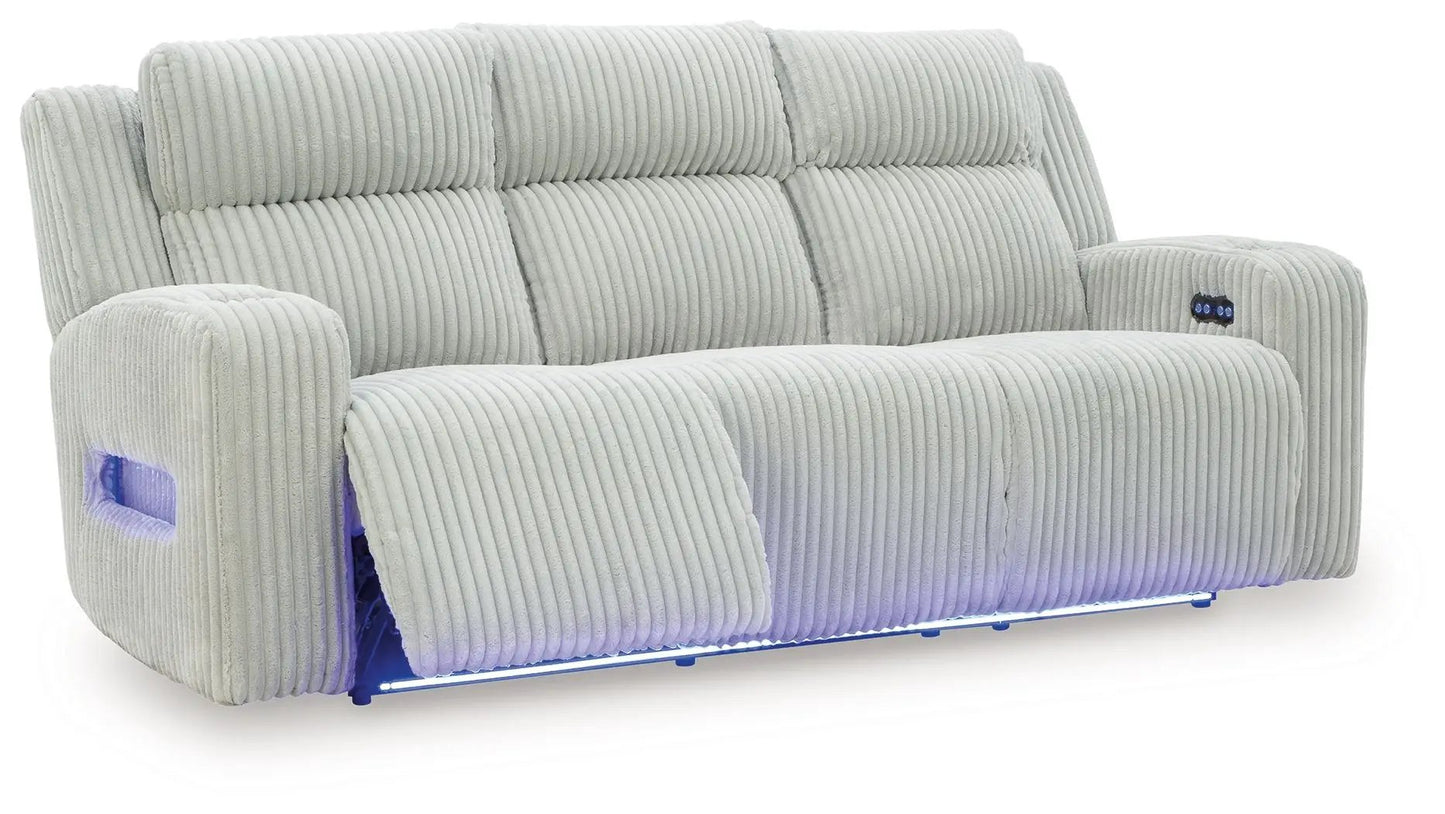 Forest Lake power reclining sofa with adj headrest in gray corduroy fabric with LED lights on Tampa Home & Garden Store
