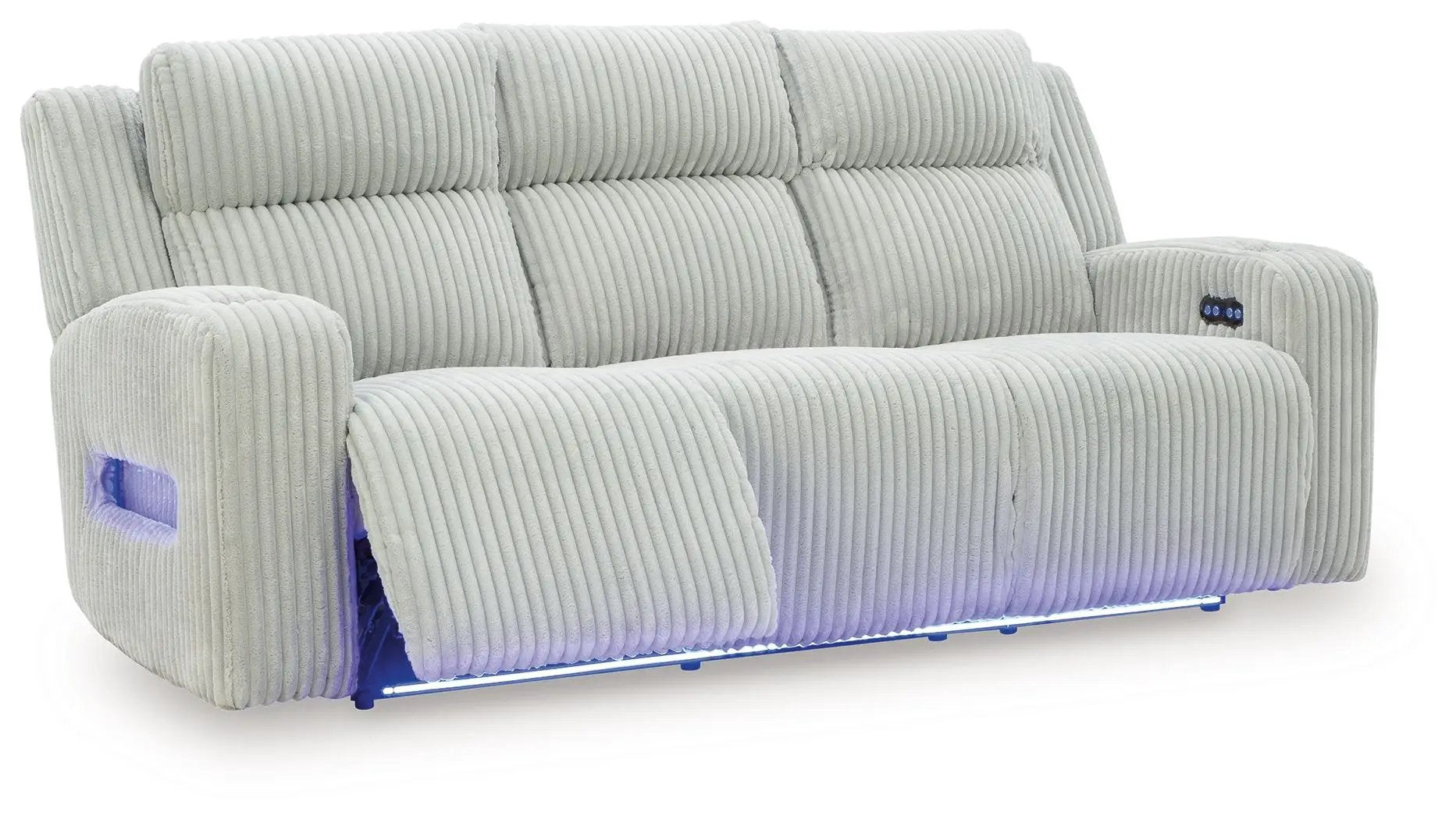 Forest Lake power reclining sofa with adj headrest in gray corduroy fabric with LED lights on Tampa Home & Garden Store