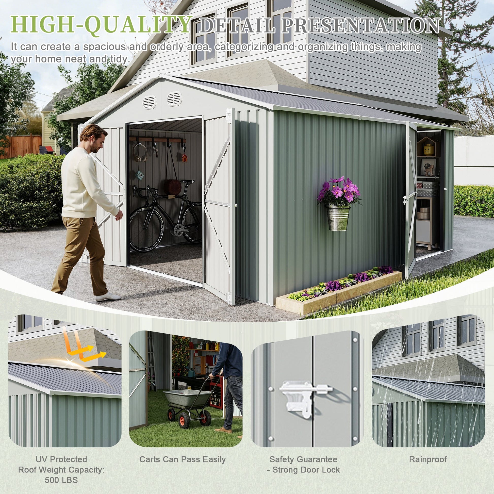 10x12 FT Outdoor Metal Storage Shed HouseOfZazla steel with bike inside on Tampa Home & Garden Store