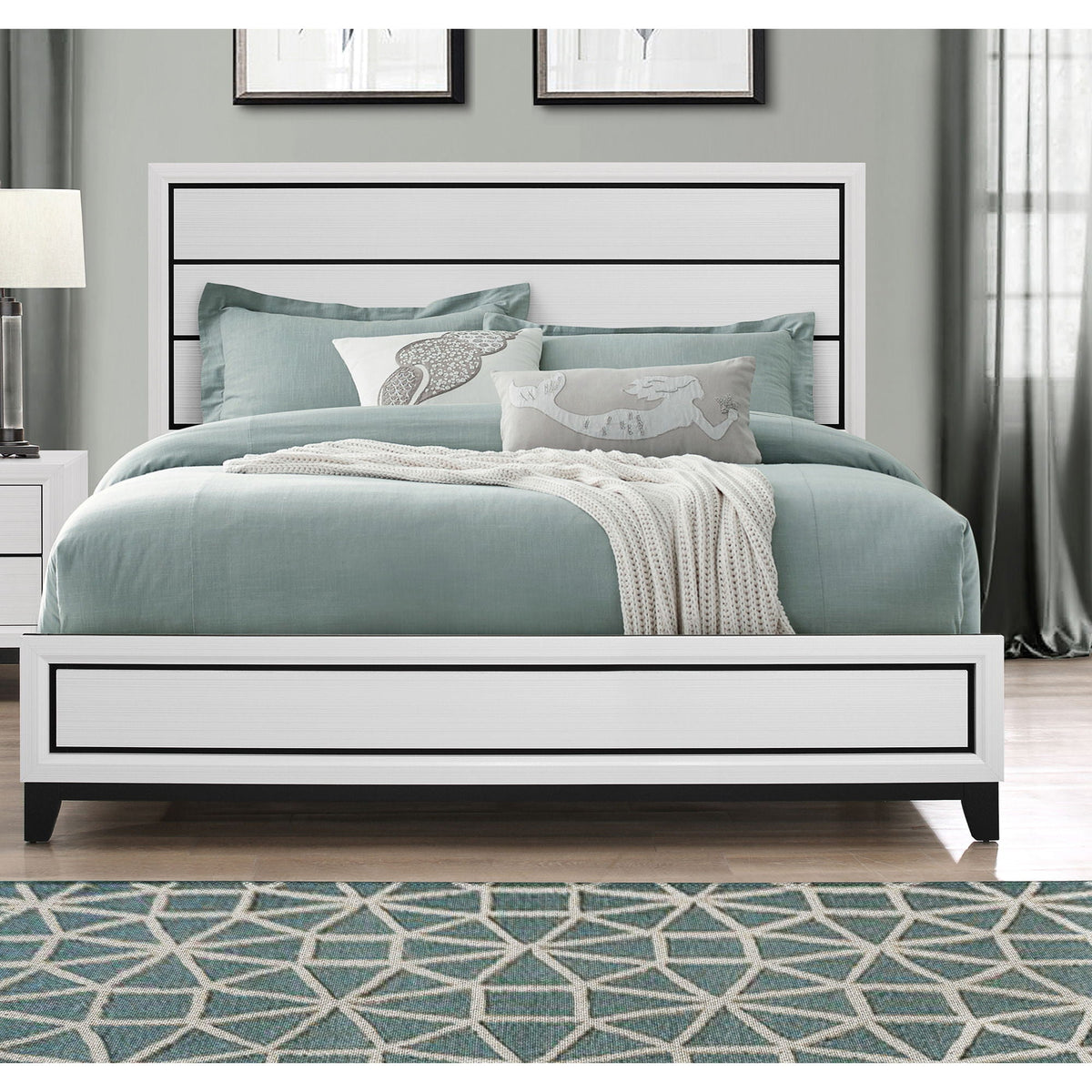 Mirage Bed by HouseOfZazla, white panel bed with black trim and teal bedding on Tampa Home & Garden Store